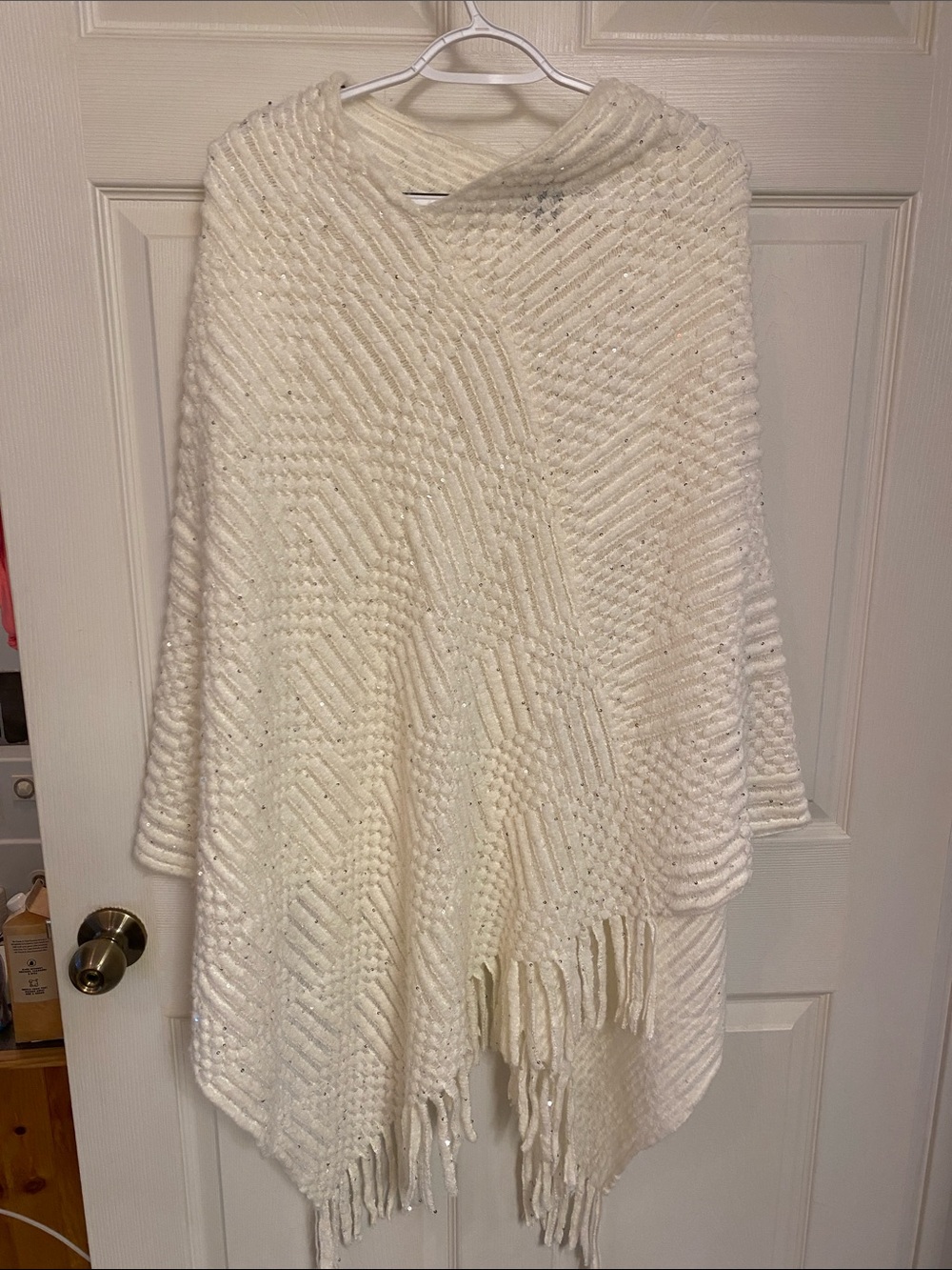 White Knit Fringe Throw Poncho